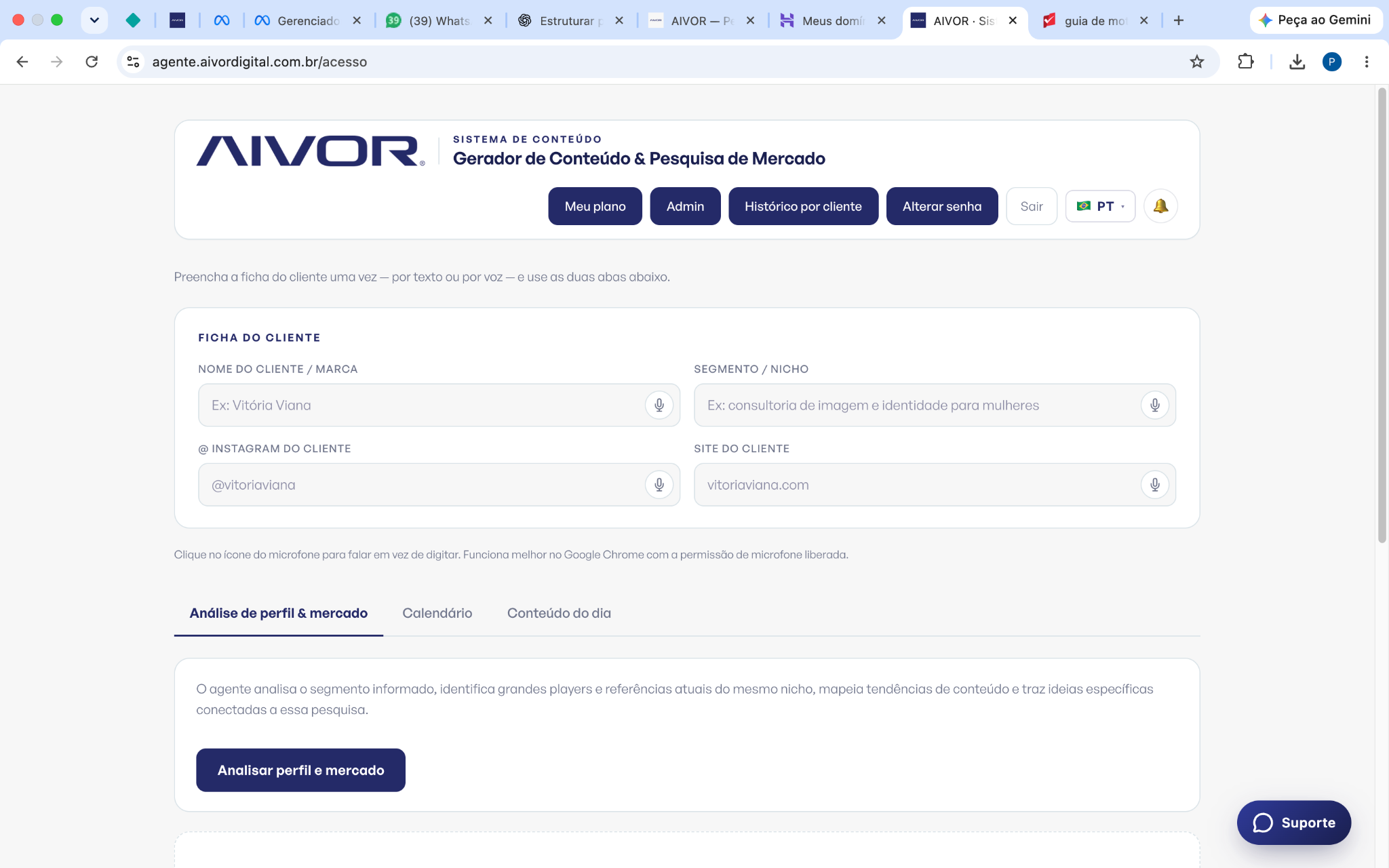 Tela real da ferramenta AIVOR de conteúdos